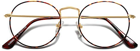 SOJOS Blaulichtfilter Brille Herren Damen Ohne Stärke Groß Bildschirmbrille Computerbrille Vintage-orientiertes Rund Design Fake Brille SJ5024 mit Leopard Rahmen/Anti Blaulicht Linse