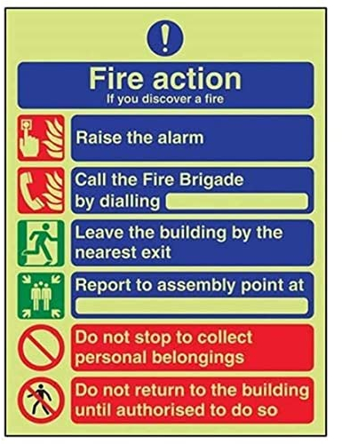 VSafety im Dunkeln leuchtendes, englisches Hinweisschild mit Aufschrift „Fire Action“ und 6 allgemeinen Hinweisen, 150 x 200 mm, selbstklebendes Vinyl