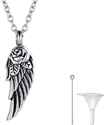 Richsteel Collier Aile d’Ange,Crémation Urne « Rose Aigle Aile » Collier de Cendre Pendentif en Acier Inoxydable Ton Argenté Bijou Commémoratif 18K Frêne Porte Memorial (Entonnoir Kit Inclus)