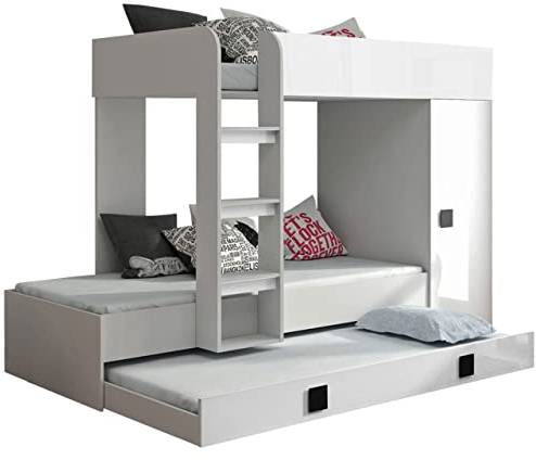 Etagenbett für Kinder Ritmo II, Stockbett mit Kleiderschrank, Kinderbett mit DREI Schlafflächen, Jugendbett, Farbauswahl, Bett (Weiß/Weiß Hochglanz + Schwarz Griffe, ohne Matratze)