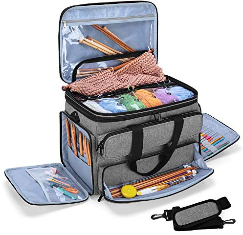 Yarwo Stricktasche zur Aufbewahrung von Wolle, Häkel Aufbewahrungstasche für Garn, Handarbeitstasche für Stricken Wolle und Häkel Zubehör, Grau