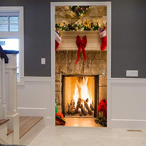 A.Monamour Türtapete Selbstklebend Türfolie Türposter 3D Weihnachten Kamin Strümpfe Geschenke Feiertags Dekoration Vinyl Folie Türdeko Tapete Wandbild Türaufkleber Türtattoo 90 x 200 cm