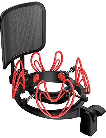 Mictop Universal Microphone Shock Mount with Pop Filter for All Microphones Size at 21mm-62mm, Includes Anti-Vibration Mic Holder and Pop Filter (Red)