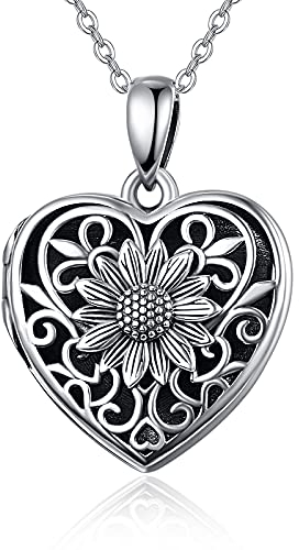 TANGPOET Medaillon Halskette mit Bild 925 Sterling Silber Herz Sonnenblume Foto Medaillons Anhänger Geschenk für Frauen Mädchen Familie