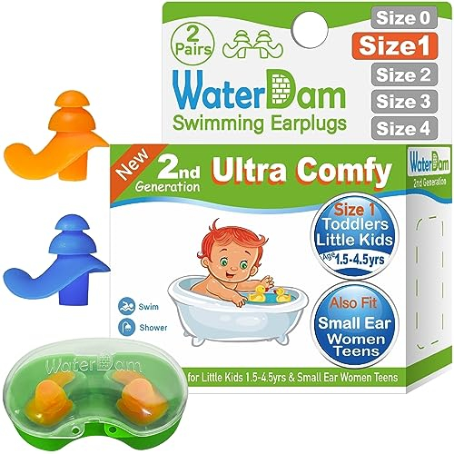WaterDam Schwimm-Ohrstöpsel, wasserdicht, ultra-bequem, verhindern Schwimmerohren, Größe 1 + 1: Kleinkind 1,5–4 Jahre (Blau Orange))