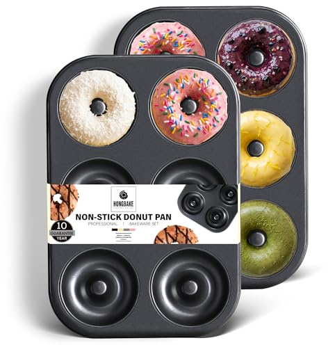 HONGBAKE Donut Pan For Baking, Upgraded Deepened Doughnut Tray, 2 Pack 6 Cavity Mini Bagel Mold for Oven, Nonstick and Heavy Duty - Black