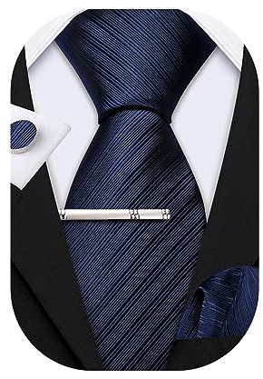 Barry.Wang Herren-Krawatten-Set, klassisch, Satin, Krawatte, Einstecktuch, Manschettenknöpfe, Clip, 4 Stück, für Herren, Hochzeit, formell, Business, dunkles marineblau, Einheitsgröße