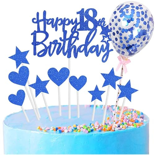 Personalized 18th Birthday Cake Topper Set in Blue - 11 Piece Glitter Cupcake Decorations for Boy, Girl, Kids Party Supplies