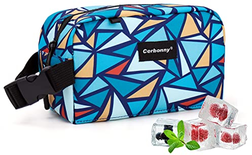 Cerbonny Freezable Lunch Bag, Mini Cooler Bag for Travel/Work/School, Blue Triangle Pattern, 9”X5”X4”, 3.5L, Built-in Cooling Element, Freezer Safe