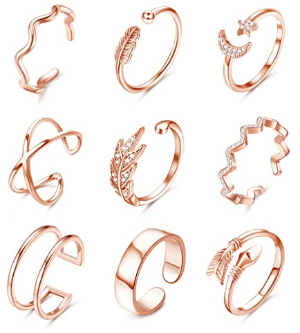 Milacolato 9cs Ringe für Damen,Verstellbare Ringe Set,Herz Stern Mond Schmetterling Blatt Ring Set,Offener Fingerring Daumen Ring Set für Frauen Mädchen Schmuck Roségold