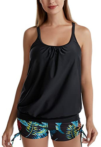 IHCEMIH Maillot de Bain Femme 2 Pieces Tankini Push up Rembourré Taille Haute Maillots de Piscine Plage Natation Été Beachwear Sport Vintage avec Imprimé Boxer Short Ensemble pour Femmes Noir M
