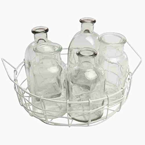 nature trends Draht-Korb Weiß mit 6 Glas-Flaschen rund Ø 22 cm x 5,5 cm