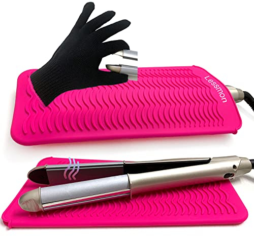 Hitzebeständiger Mattenbeutel und hitzebeständiger Handschuh für Lockenstäbe, Haarglätter, Glätteisen und Haarstyling-Werkzeuge 28,5cm x 14cm, Rosa