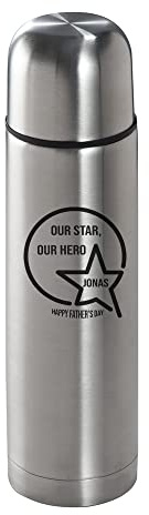 Personalised Brushed Steel Insulated 500ml Thermo Vacuum Flask with Our Star, Our Hero Design - Engraved with Any Name - Gift for Father's Day