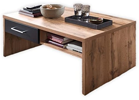 Stella Trading SONATE Couchtisch in Eiche Altholz Optik, Schwarz - Geräumiger Sofatisch mit Schubladen und Ablage für Ihr Wohnzimmer - 110 x 40 x 64 cm (B/H/T)