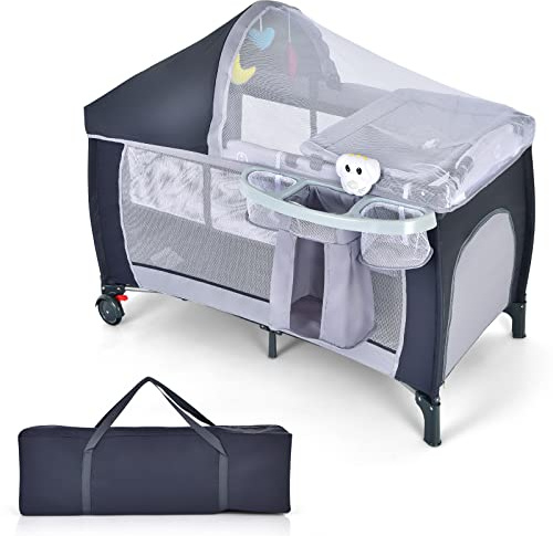 DREAMADE Lit Parapluie Bébé Lit de Voyage Pliable Complet avec Sac de Transport, Matelas à Langer, Jouets Suspendus, Jouet de Musique, Moustiquaire, Rangements Latéraux, roulettes avec Freins(Gris)