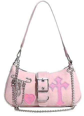 FONETTOS Punk Tasche, Sourpuss Gothic Tote Geldbörse Y2K Cool Style Trendy Frauen Schulter Taschen Rock Mode Mädchen Handtasche, M-pink