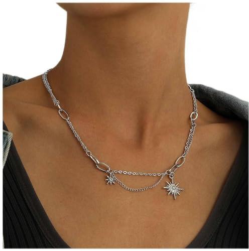 Dervivea Punk Nordstern Anhänger Halskette Geschichtet Nordstern Halskette Choker Sunburst Anhänger Halskette Silber Stern Kette Schmuck Für Frauen Und Mädchen