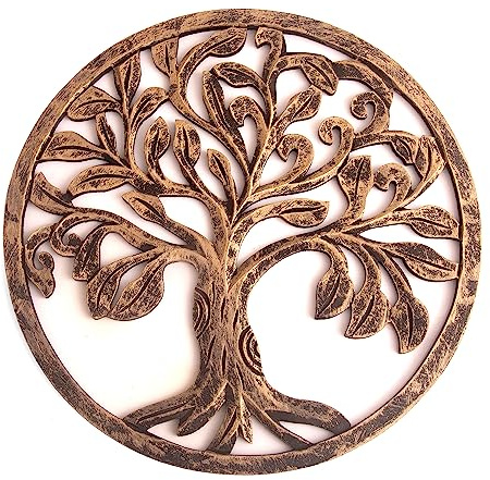 Aufwendig handgefertigte dekorative Wandtafel zum Aufhängen, Büro, Dekoration, Akzent, Designer, Boho, Bauernhaus, Baum des Lebens, Dekor, 30 cm, rund, rustikales Braun, Panel de pared