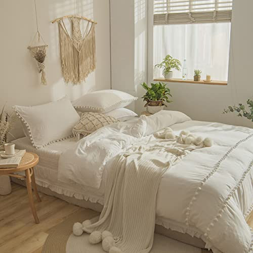 Tospass Boho Bettwäsche 135x200 Weiß 2Teilig Modern Aesthetic Bohemian Pom Pom Bettwäsche-Sets Gewaschene Microfaser, 1 Bettbezug 135x200 und 1 Kissenbezug 80x80 mit Reißverschluss