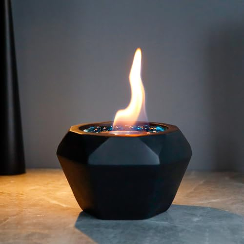 TRIROCKS Fioriera in Cemento Nero per Fuoco da Tavolo, senza Fumo con Pietre Colorate, Camino Bioetanolo Portatile per Giardino, Balcone, Casa
