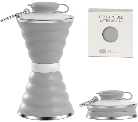 TAIANJI Botella de agua plegable, botella de agua plegable de 500 ml, botella de agua deportiva de silicona, taza de viaje sin olor, botella deportiva plegable con mosquetón, gris