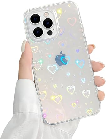 Fycyko Glitzer Hülle Kompatibel mit iPhone 15 Pro Hülle Transparent Flash Aesthetic Phone Case Farbverlauf Love Herz TPU PC Handyhülle Mädchen Frauen Durchsichtige Hologramm Schutzhülle - 15 Pro