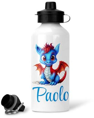 Fashion Graphic Borraccia bottiglia personalizzata con nome drago draghetto borraccia personalizzata bambino per asilo scuola 600ml (Azzurro)
