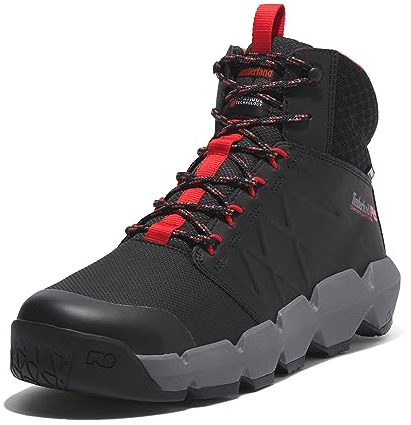 Timberland PRO Men's Morphix 6 Inch Composite Safety Toe Waterproof Industrial Casual Sneaker Boot, Black/Red-2024 New, 10.5 W