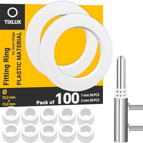 Tixlux Rondelles pour Charnières de Porte, 100 paquets de rondelles, charnière de porte, anneaux de montage 10,2 mm x 15 mm, 50 pièces de 1 mm d'épaisseur et 50 pièces de 2 mm d'épaisseur