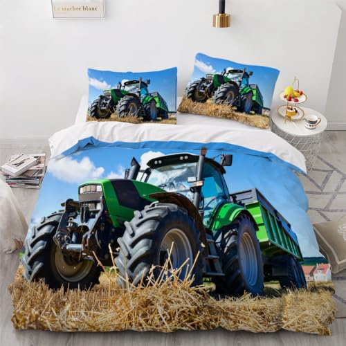 DILANI Bettwäsche 135x200 Winter Traktor Bettwäsche-Sets 3 Teilig 3D Weizenfeld Bettbezug Weich Mikrofaser Bettbezüge mit Reißverschluss und Kissenbezug 80x80cm für Erwachsene Kinder