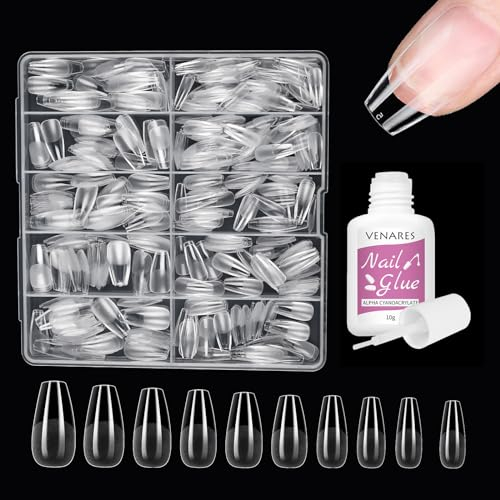 Venares 500Pcs Acrylic Nail Tips for Gel Extensions - 12 Size Soft Gel Tips - Full Cover False Nail Extension Kit
