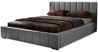 MARPUR Polsterbett Nero mit Kopfteil, 200x200 cm, Doppelbett mit Bettkasten und Lattenrost aus Holz, Velourstoff: Grau