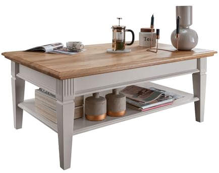 Lomadox Couchtisch 120x75cm, Kiefer weiß mit Eiche, Massivholz, montiert