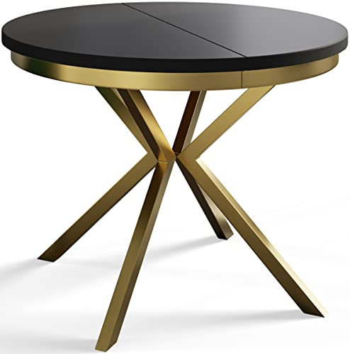 AlpiMeble Runder Esszimmertisch BERGO, ausziehbarer Tisch Durchmesser: 90 cm/170 cm, Wohnzimmertisch Farbe: Schwarz, mit Metallbeinen in Farbe Gold
