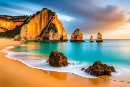 Acryl-Bild 80 x 50 cm: Berühmter Strand Praia da Marinha bei Sonnenuntergang, Algarve, Portugal (205288175)