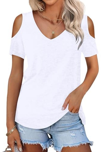 WNEEDU Camisetas Manga Corta Mujer Verano Blusas Cuello V Top Elegante Basicas T-Shirt Blanco L