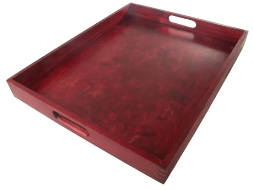 WooDeeDoo Large Pine Serving Tray | Hand-Stained | Light Cherry | Satin | 50 x 40 x 5 cm | Ottoman Tea Coffee Breakfast Drinks Dining Table Dinner Wooden Platter With Cut-out Handles
