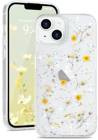 L-FADNUT for iPhone 14 Case/iPhone 13 Case, Cute Real Dried Flowers with Sparkle Glitter Design, Clear Shockproof Handmade Pressed Floral Phone Case Silicone Protective Cover for Women Girls Yellow