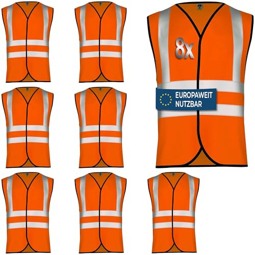 OMKA Warnweste Set – Sicherheitswesten Neonfarben mit 360° Reflexstreifen – Auto Pannenweste für Kinder & Erwachsene mit Klettverschluss (1, Neon Orange, M)