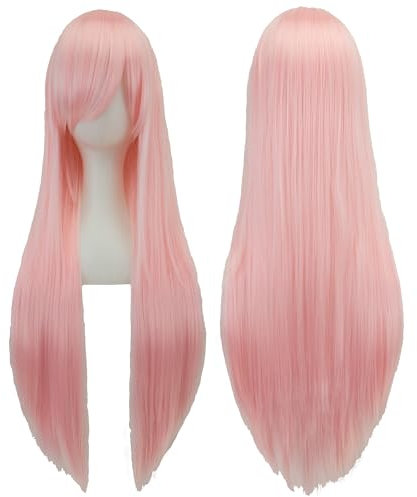 IMISSU 80 cm langes glattes Naturhaar Cosplay Perücken mit Pony Bunt Halloween Kostüm Party Perücke Haarverlängerungen (Helles Pink)