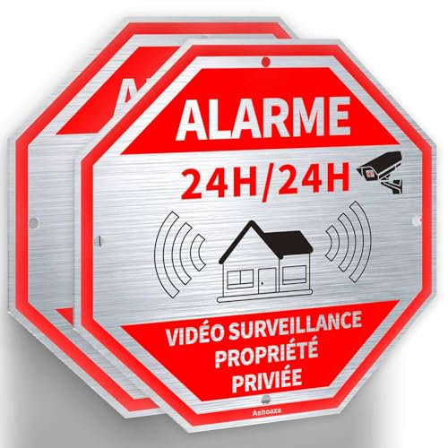 Ashoaza Panneau Propriété Privée Aluminium, 2 Alarme Sécurité sous Vidéo Surveillance, Panneaux de vidéosurveillance autocollant alarme maison Octogonal 20 x 20 CM