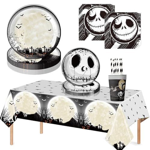Wzkhlsy Set di 51 stoviglie per feste di Halloween, piatti a scheletro, bicchieri, tovaglioli, decorazione da tavolo per bambini, festa di sorriso, giardino
