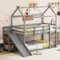 niedriges Etagenbett Kinderbett 90x200, Hausbett für 2 Kinder, Holzbett Hochbett mit Rutsche und Ablagefläche, Bett mit Rausfallschutz und Treppe, Massivholz Stockbett Spielbett, Grau, Ohne Matratze