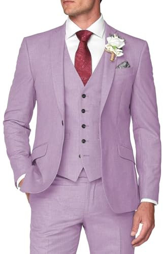 HUUTOE Herren 3-teilige Anzüge Slim Fit Hochzeit Anzüge für Männer Abschlussball Kleid Anzug Sommer Blazer Jacke Weste Hose Smoking Set Herren, Flieder, XX-Small