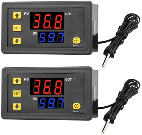 VOKTTA W3230 Lot de 2 thermostats numériques DC 12 V 20 A - Régulateur de température -50 °C à 110 °C - Avec sonde - Alarme haute température - Affichage LED