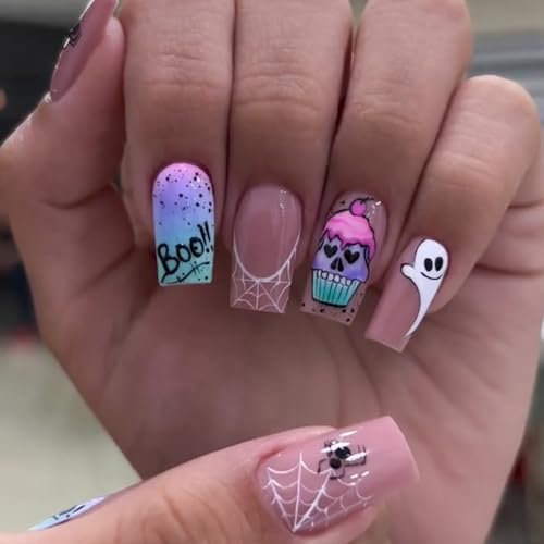 Halloween French False Nails - 24pcs Pink Cute Fake Nails with Glue - Medium Square Press on Nails - Gothic Stick on Nails with Ghost Spider Web Design - French Tip False Nails for Halloween Party