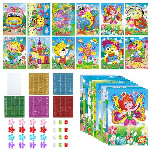 HGRGHH Mosaik Bastelset Kinder, 12 PCS Mosaik basteln ab 4 jahre, Frühling Klebebilder, Aufkleber Set DIY Malerei Lernspielzeug Geschenke für Mädchen Jungen Basteln ab 4 Jahre