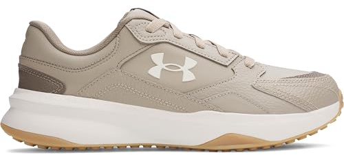 Under Armour Herren Edge Leder, Sportschuhe für Indoor und Outdoor, atmungsaktive Trainingsschuhe mit gepolsterter Sohle, stylischer Fitnessschuh mit Leder,Timberwolf Taupe / White / Summit White,47