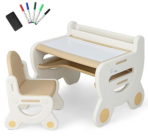 DREAMADE 2 IN 1 Kindertisch mit Stuhl, Kindersitzgruppe mit Whiteboard, Marker & Radierer, Kinder Tisch Stuhl Set mit Ablagefach, multifunktionales Kindermöbel für Kinder ab 3 Jahren (Hellbraun)